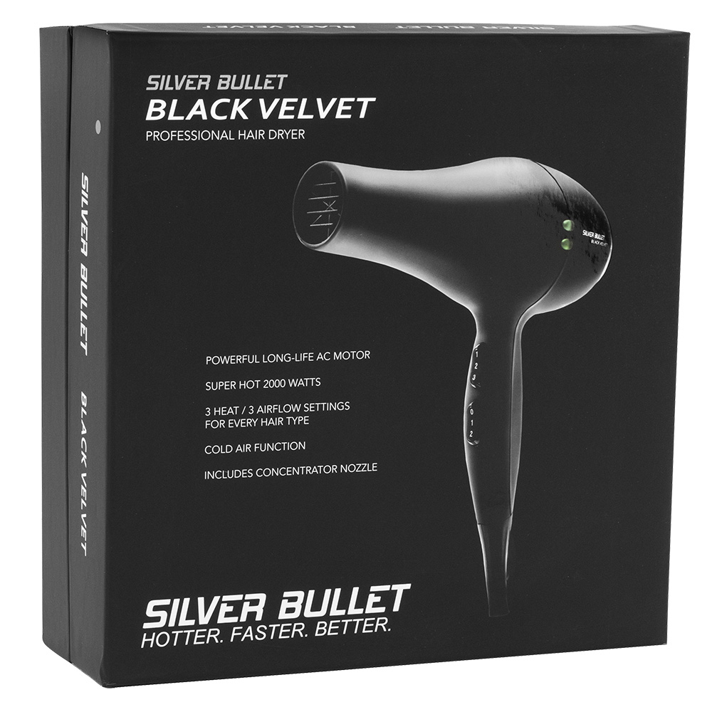 Silver Bullet Black Velvet Hair Dryer Packaging