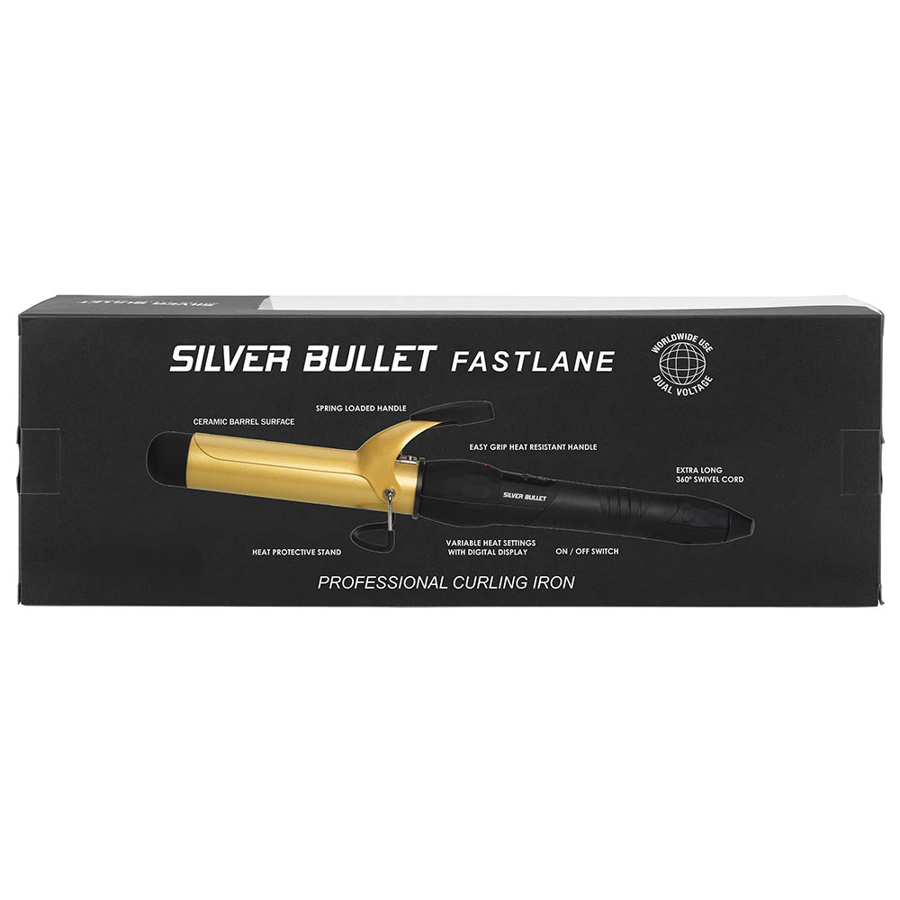Silver Bullet Fastlane Ceramic Gold Curling Iron packaging