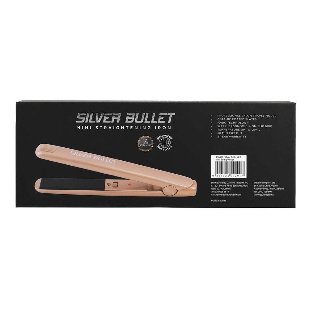 Silver Bullet Mini Hair Straightener gold packaging detail
