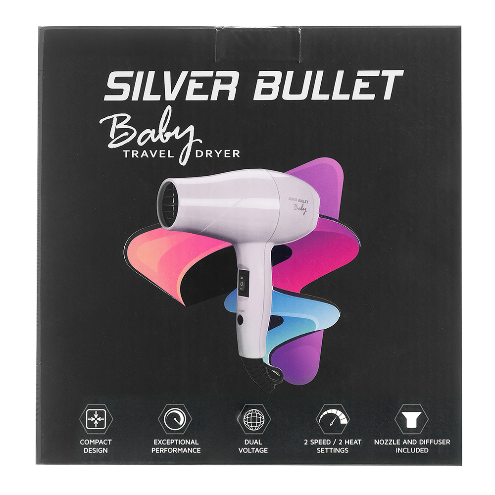 Silver Bullet Baby Travel Hair Dryer packaging white
