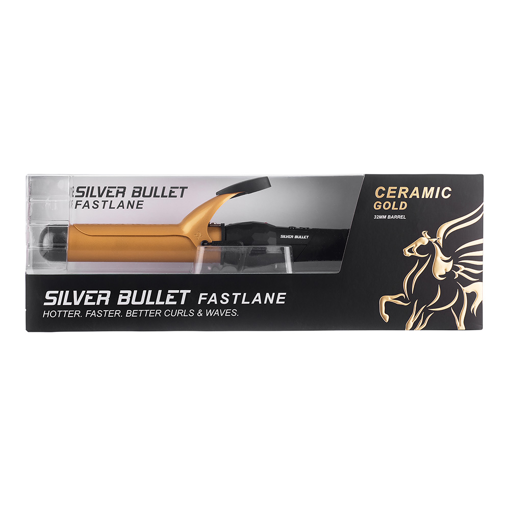 Silver Bullet Fastlane Ceramic Gold Curling Iron packaging