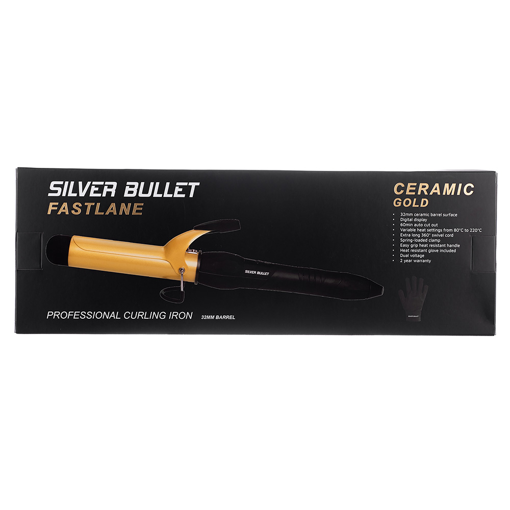 Silver Bullet Fastlane Ceramic Gold Curling Iron packaging detail