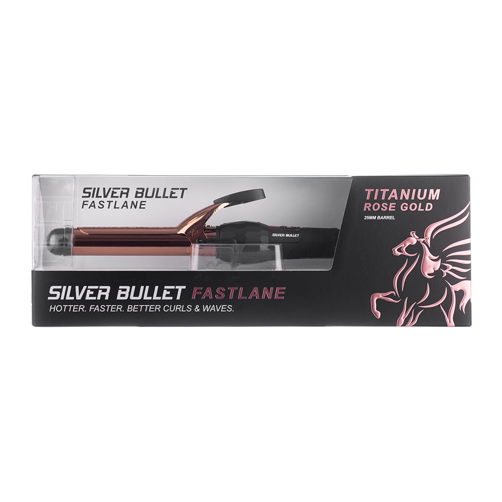 Silver Bullet Fastlane Titanium Rose Gold Curling Iron packaging