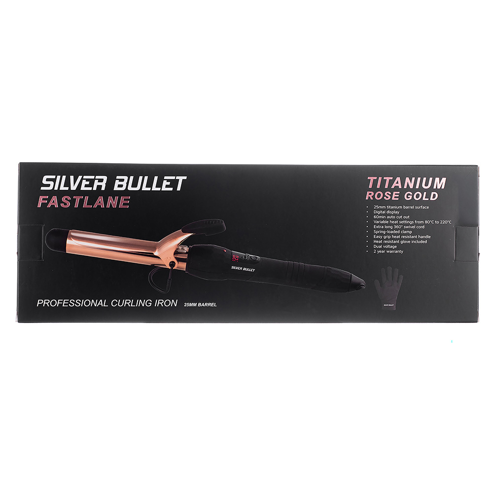 Silver Bullet Fastlane Titanium Rose Gold Curling Iron packaging detail