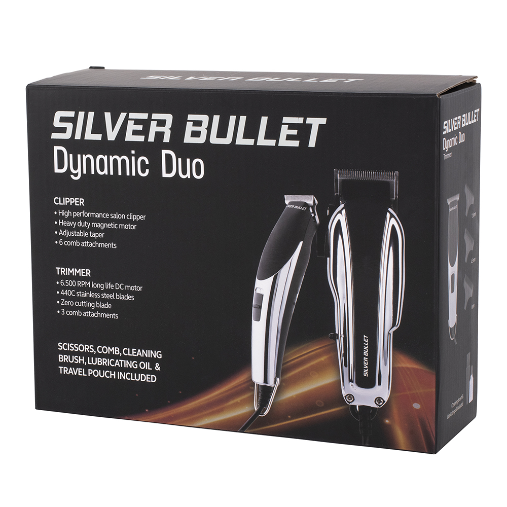 Silver Bullet Dynamic Duo Hair Trimmer and Clipper Set packaging